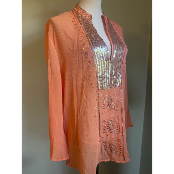 Cervelle Tops - Cervelle Coral Sequin Embroidered Tunic Top Large Boho beach resort whimsi sheer